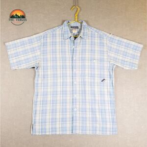 Vintage PATAGONIA Button Up Blue Shirt Puckerwear Seersucker Short Sleeve Mens L